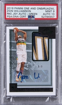 2019-20 Panini "One and One" Rookie Jersey Autograph (Green) #RJA-ZWL Zion Williamson Signed Patch Rookie Card (#5/5) – PSA MINT 9, PSA/DNA 10